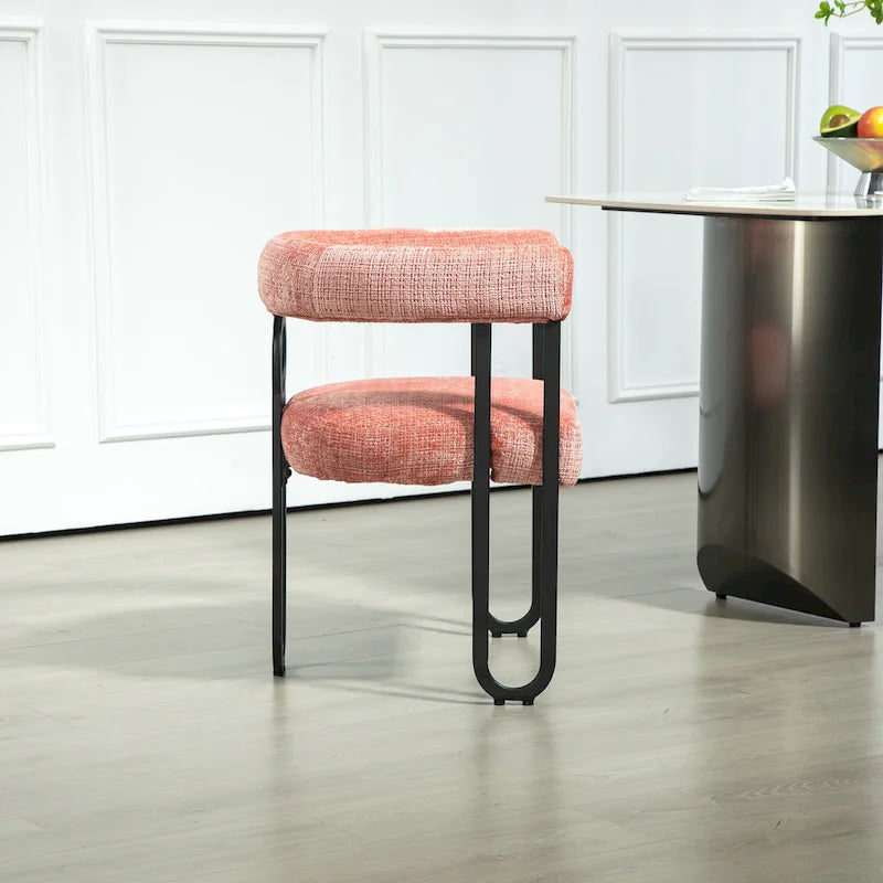 Fauteuil tonneau rembourré rose 23,62 po avec cadres en fer noir