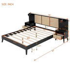Cadre de lit Queen Size en bois massif avec 2 tables de chevet, lampes intégrées, design rotin et bois, noir