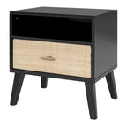Cadre de lit Queen Size en bois massif avec 2 tables de chevet, lampes intégrées, design rotin et bois, noir
