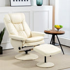 Fauteuil de relaxation réglable en cuir PU pivotant, dossier haut rembourré avec pouf et base en bois