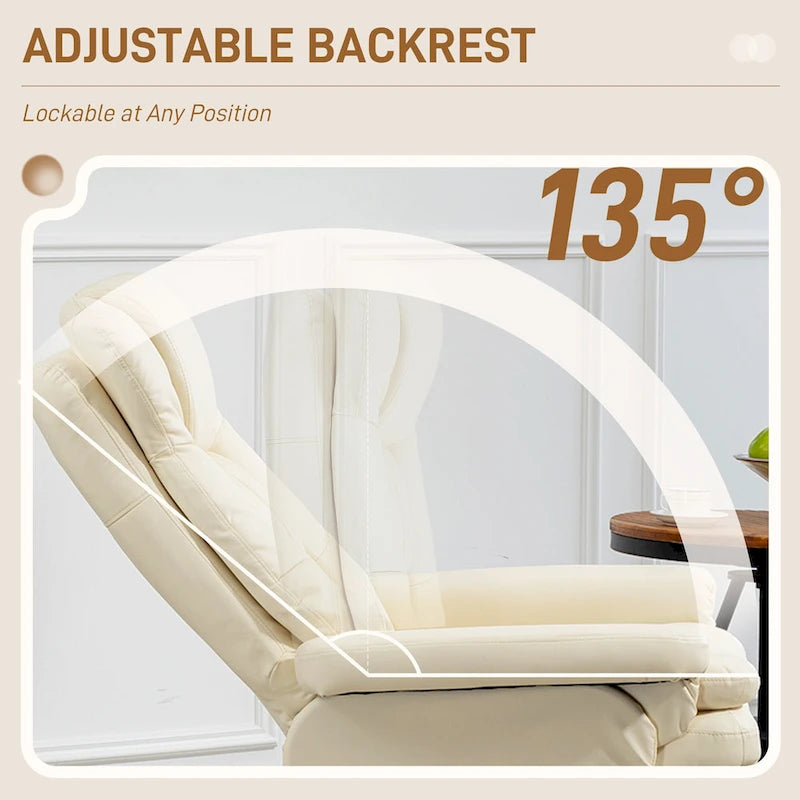 Fauteuil de relaxation réglable en cuir PU pivotant, dossier haut rembourré avec pouf et base en bois