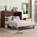 Lit escamotable Queen Size, Lit-armoire en pin avec décoration en rotin et tiroir de rangement, Noyer