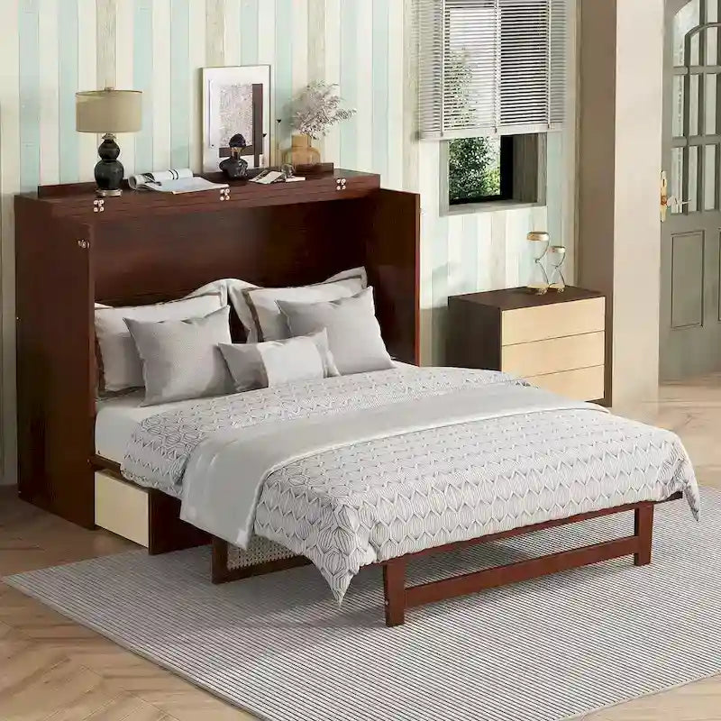 Lit escamotable Queen Size, Lit-armoire en pin avec décoration en rotin et tiroir de rangement, Noyer