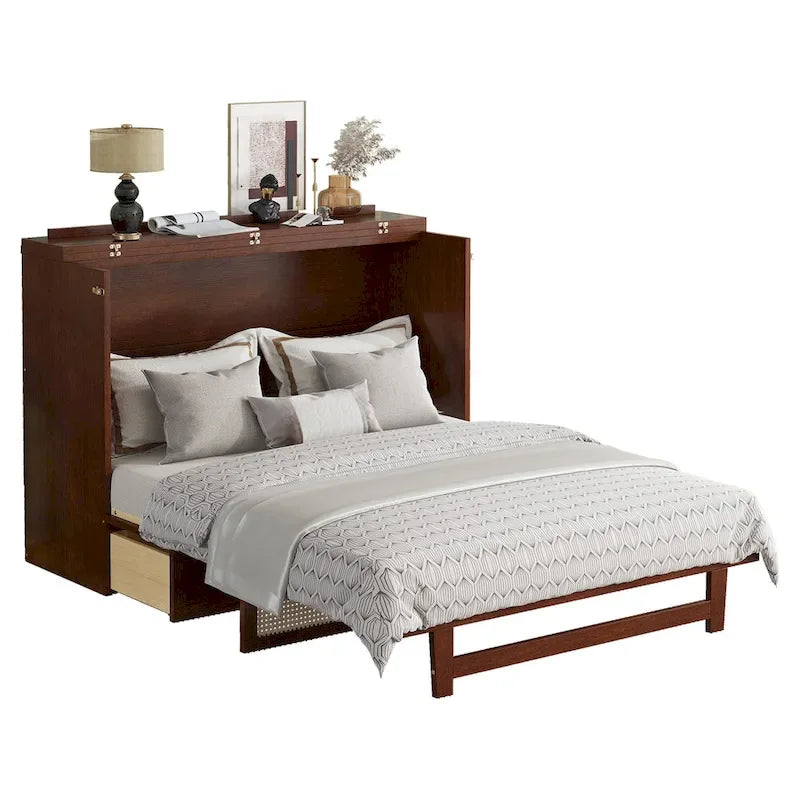 Lit escamotable Queen Size, Lit-armoire en pin avec décoration en rotin et tiroir de rangement, Noyer