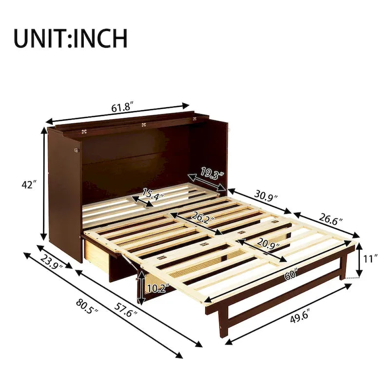 Lit escamotable Queen Size, Lit-armoire en pin avec décoration en rotin et tiroir de rangement, Noyer