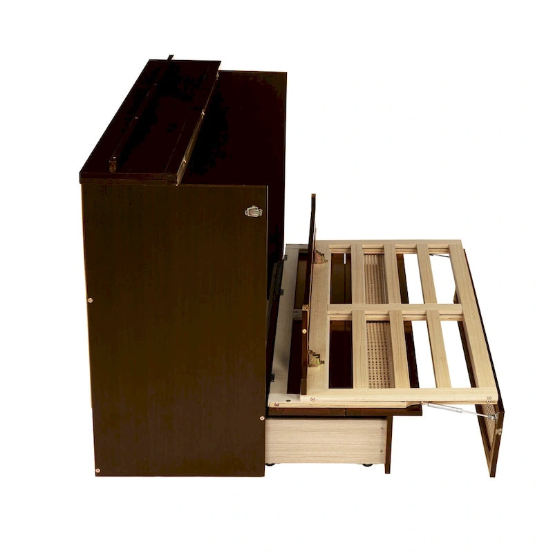 Lit escamotable Queen Size, Lit-armoire en pin avec décoration en rotin et tiroir de rangement, Noyer