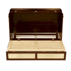 Lit escamotable Queen Size, Lit-armoire en pin avec décoration en rotin et tiroir de rangement, Noyer