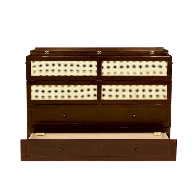 Lit escamotable Queen Size, Lit-armoire en pin avec décoration en rotin et tiroir de rangement, Noyer
