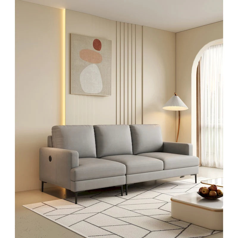 Canapé 3 places de luxe gris clair en cuir véritable 77 avec chargeur USB pour salon