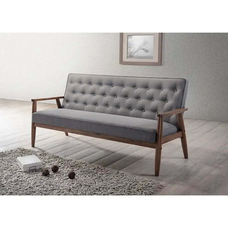 Canapé 3 places Sorrento Rétro Mid-century Moderne en tissu gris et bois