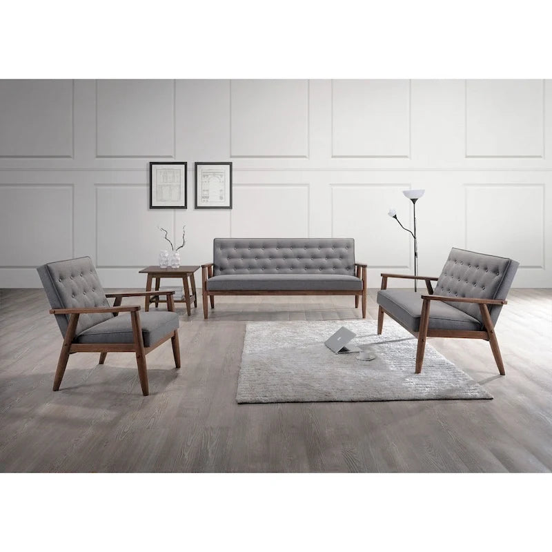 Canapé 3 places Sorrento Rétro Mid-century Moderne en tissu gris et bois