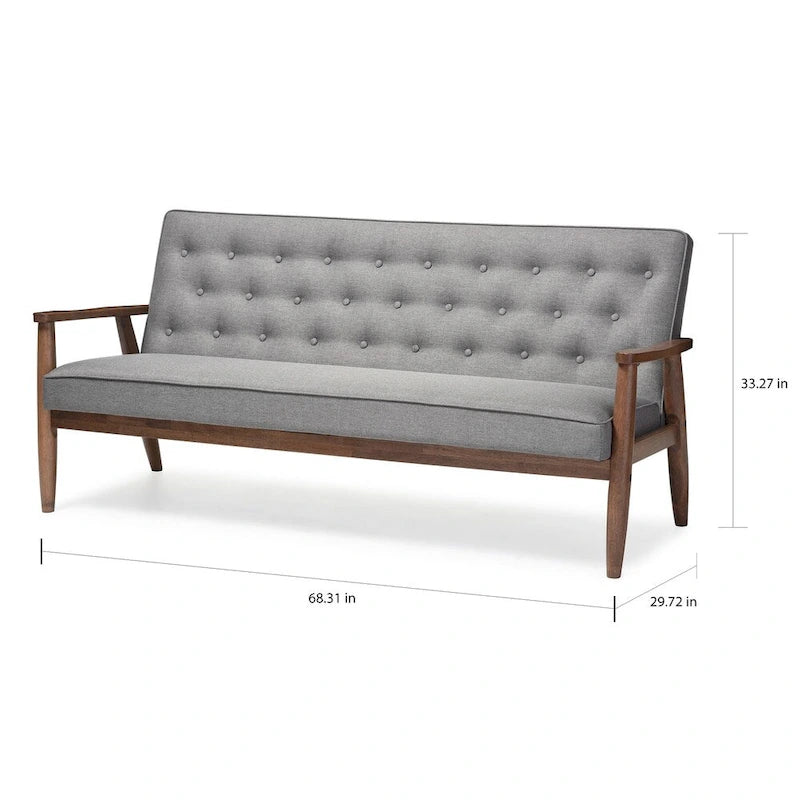Canapé 3 places Sorrento Rétro Mid-century Moderne en tissu gris et bois