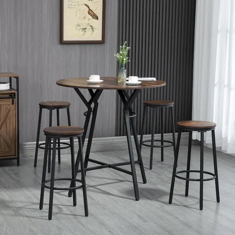 Table de bar et chaises industrielles, table à manger peu encombrante avec 4 tabourets pour pub et cuisine, noir et marron