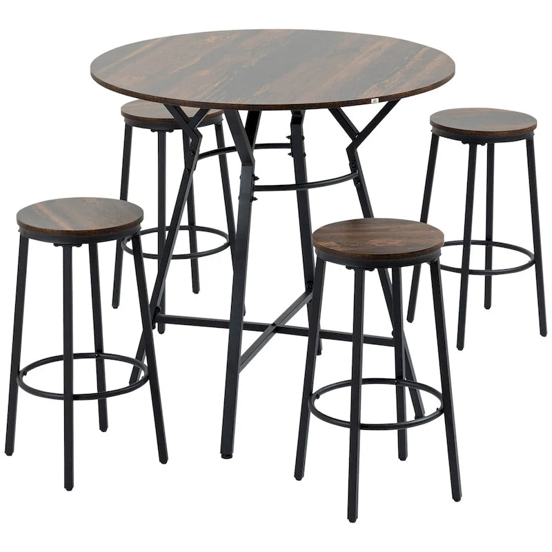 Table de bar et chaises industrielles, table à manger peu encombrante avec 4 tabourets pour pub et cuisine, noir et marron