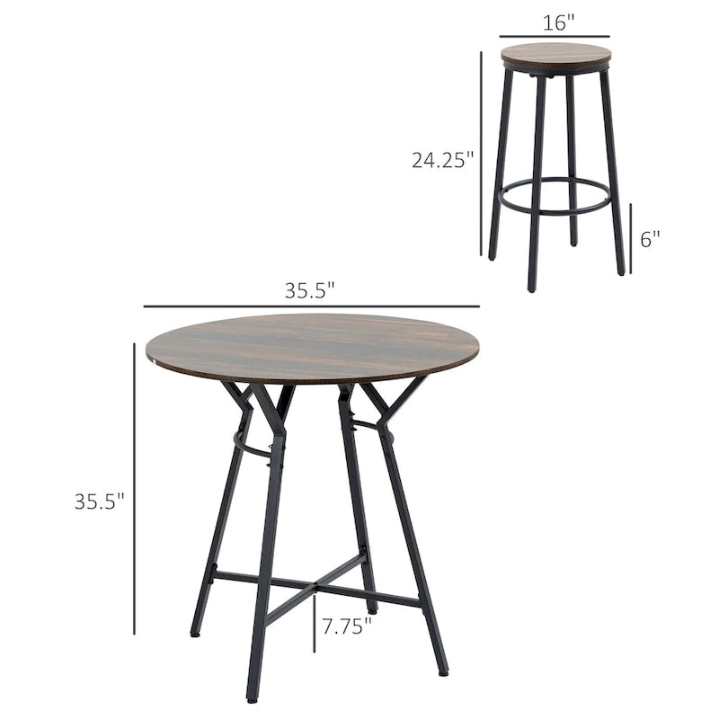 Table de bar et chaises industrielles, table à manger peu encombrante avec 4 tabourets pour pub et cuisine, noir et marron