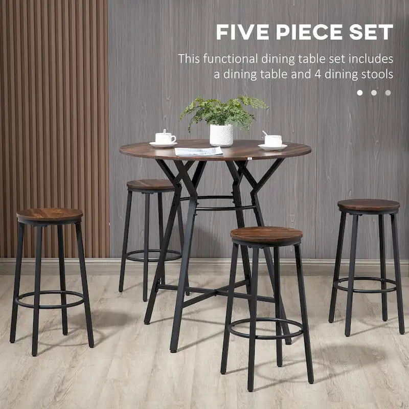 Table de bar et chaises industrielles, table à manger peu encombrante avec 4 tabourets pour pub et cuisine, noir et marron