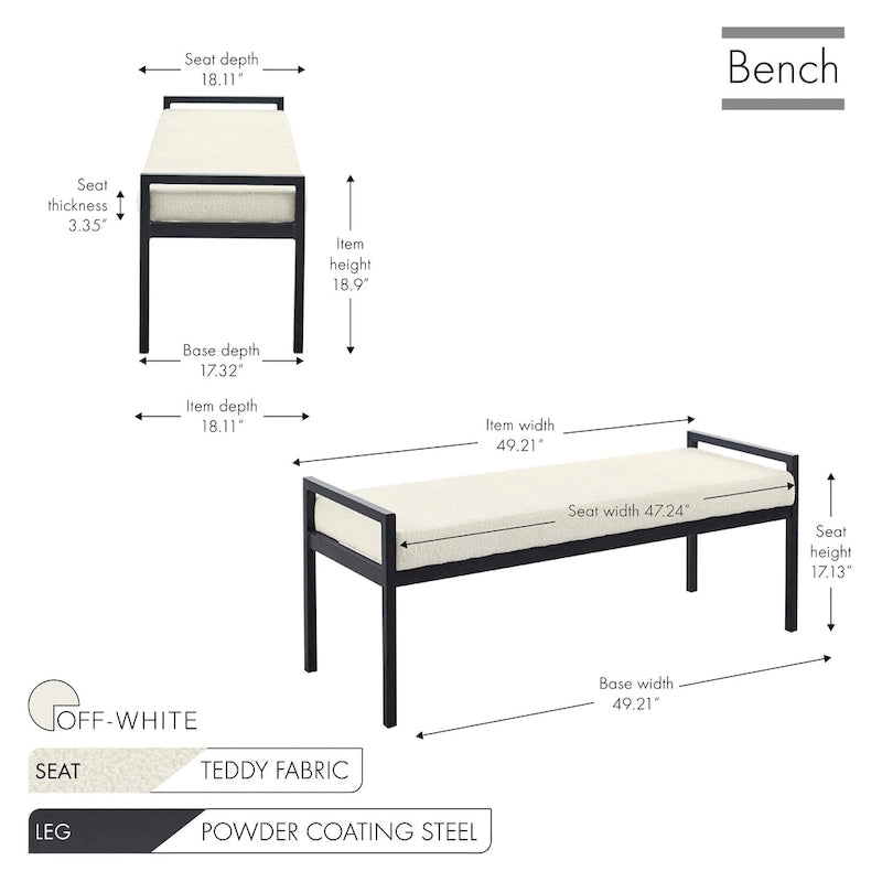 Banc rembourré en tissu Rue Teddy avec pieds en acier
