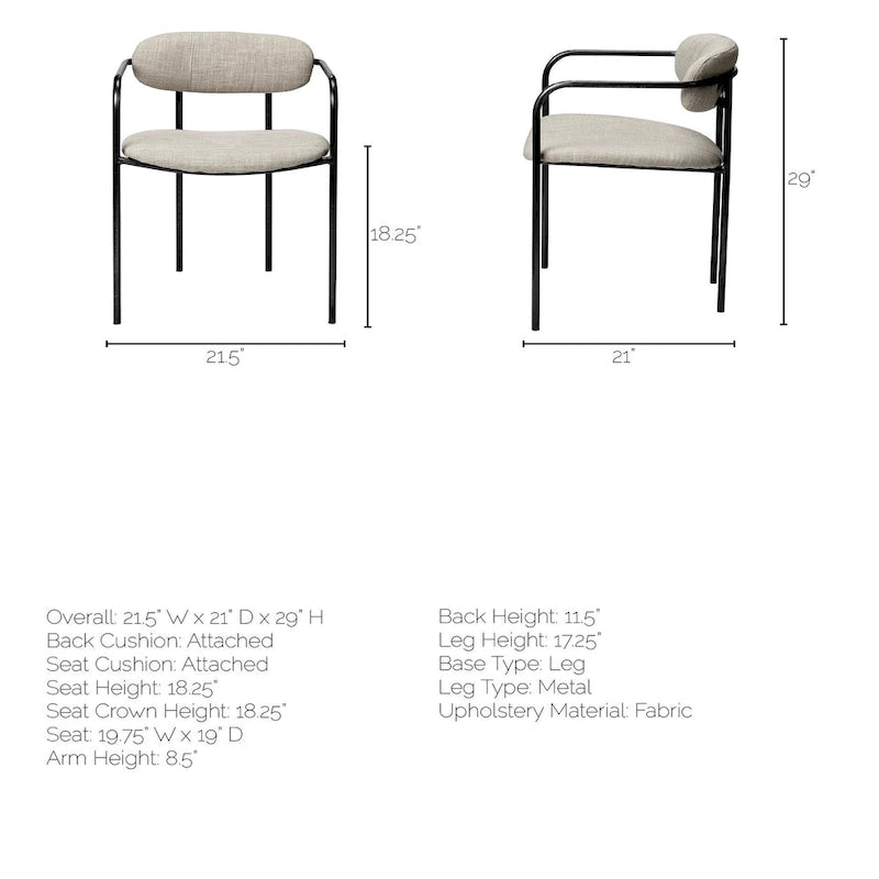 Chaise de salle à manger Parker avec assise en tissu beige et structure en métal gris fusil – 21.5L x 21.1P x 28.7H