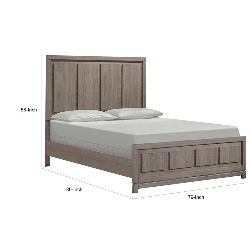 Lit King Size Sea, design moderne rustique, tête de lit à panneaux, bois marron