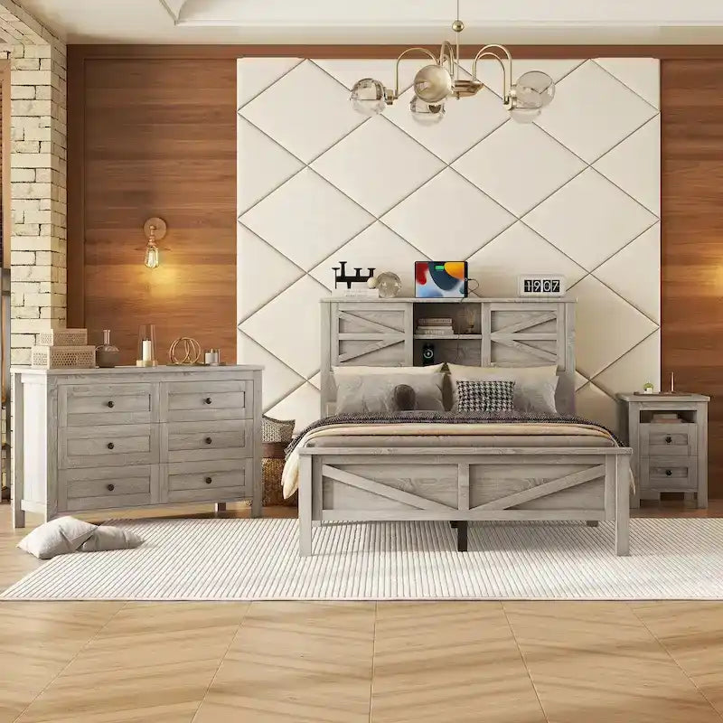 Ensembles de chambre complète 3 pièces avec table de chevet et commode