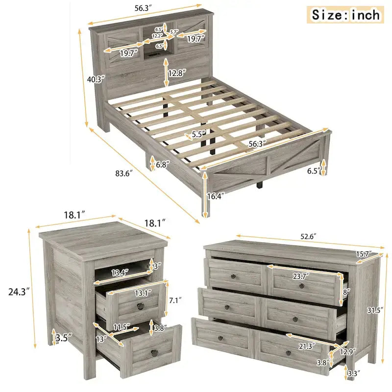 Ensembles de chambre complète 3 pièces avec table de chevet et commode