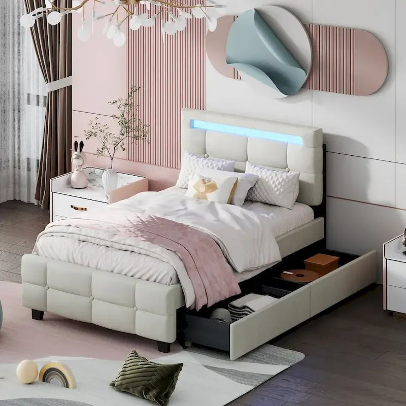 Twin Size Upholstered Platform Bed with LED Frame and 2 Drawers