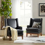 Fauteuil Lourdes en cuir véritable avec structure en bois massif et coussin d'assise amovible