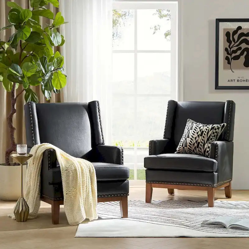 Fauteuil Lourdes en cuir véritable avec structure en bois massif et coussin d'assise amovible