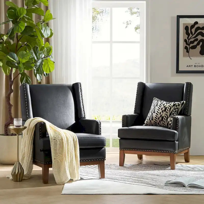 Fauteuil Lourdes en cuir véritable avec structure en bois massif et coussin d'assise amovible