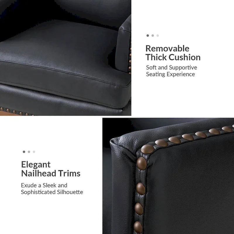 Fauteuil Lourdes en cuir véritable avec structure en bois massif et coussin d'assise amovible