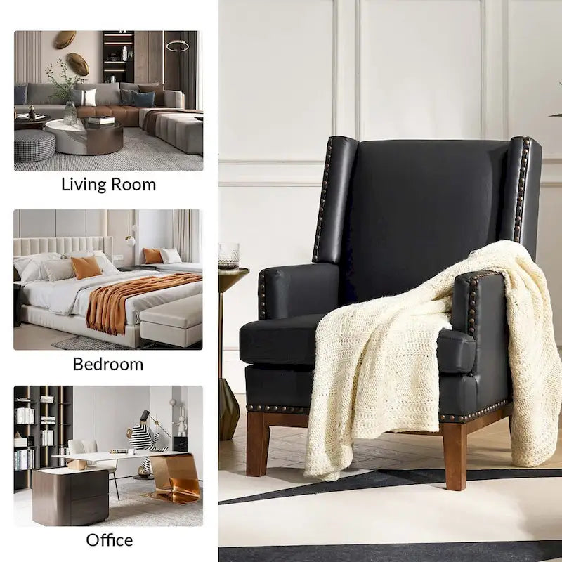 Fauteuil Lourdes en cuir véritable avec structure en bois massif et coussin d'assise amovible
