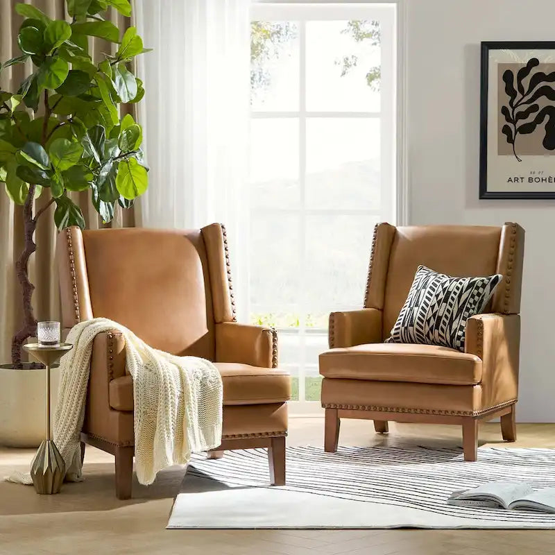 Fauteuil Lourdes en cuir véritable avec structure en bois massif et coussin d'assise amovible