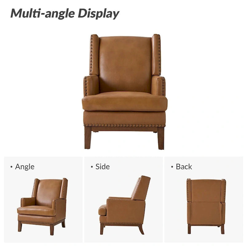 Fauteuil Lourdes en cuir véritable avec structure en bois massif et coussin d'assise amovible