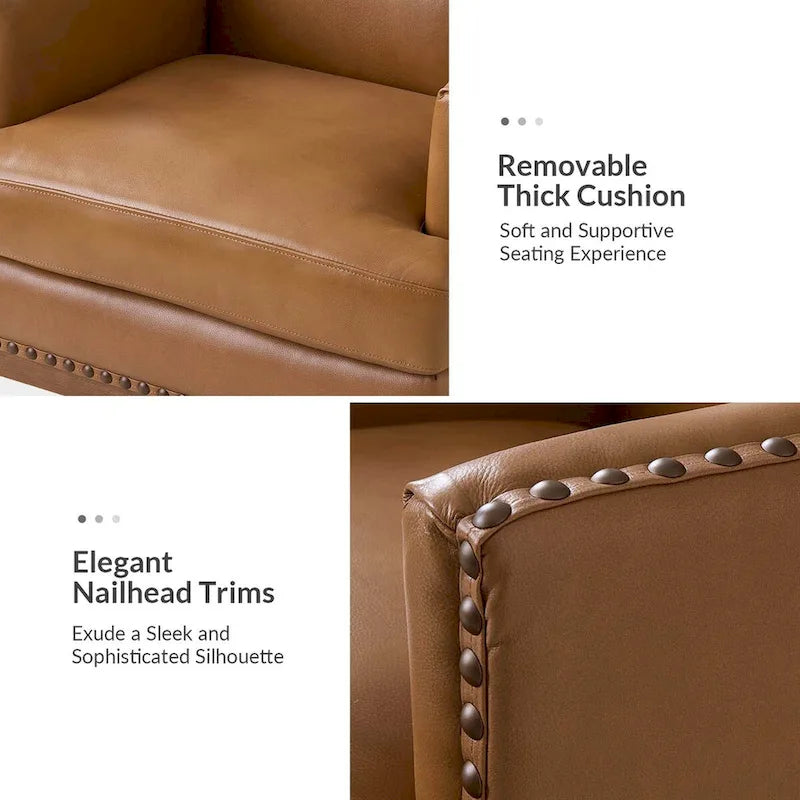 Fauteuil Lourdes en cuir véritable avec structure en bois massif et coussin d'assise amovible