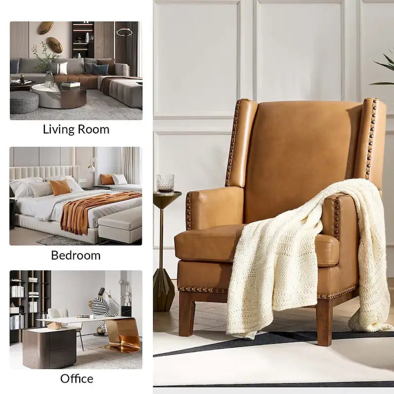 Fauteuil Lourdes en cuir véritable avec structure en bois massif et coussin d'assise amovible