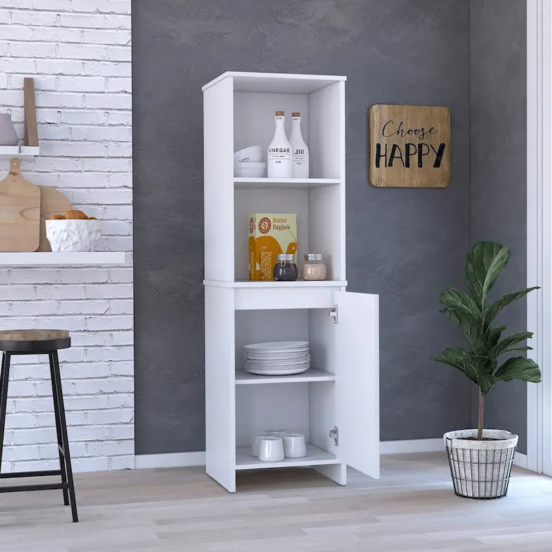 Garde-manger de cuisine Feery, Armoire à porte unique, Étagères intérieures et extérieures, Finition blanche