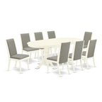 Ensemble de salle à manger 9 pièces - Table ovale et 8 chaises en tissu Shitake Lin, Blanc Lin