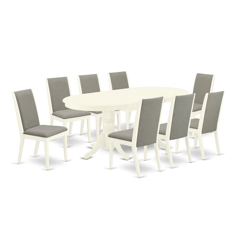 Ensemble de salle à manger 9 pièces - Table ovale et 8 chaises en tissu Shitake Lin, Blanc Lin