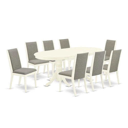 Ensemble de salle à manger 9 pièces - Table ovale et 8 chaises en tissu Shitake Lin, Blanc Lin